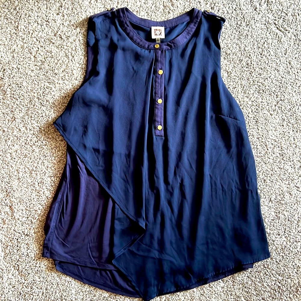 Anne Klein Asymmetrical Navy Sleeveless Blouse L